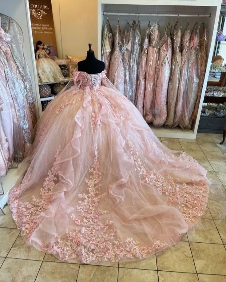 Pink Ball Gown Quinceanera Dresses with Cape 15 Party 3D Flower Princess Dresses with Lace     fg4104