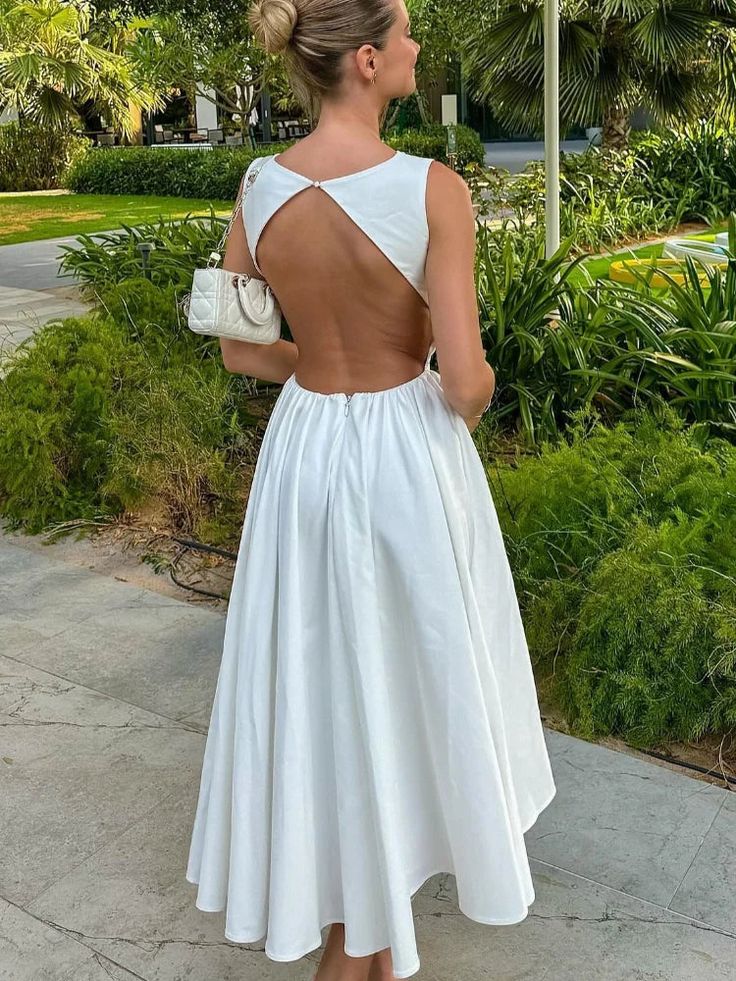 Women's White Backless Long Dress Elegant Sleeveless O-Neck Fashion Party Holiday Dress   fg7434