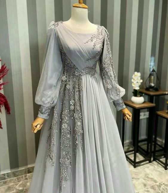 Elegant Muslim Evening Dress Long Sleeves Appliques Special Occasion Party Dress      fg6679