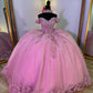 Pink Off The Shoulder Beading Crystal Quinceanera Dresses Ball Gown 3D Flowers Appliques Lace Sweet 15 Vestidos De XV Años     fg5682