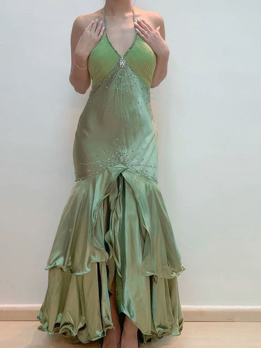 Green Vintage Beaded Long Formal Gown Evening Dress    fg6745