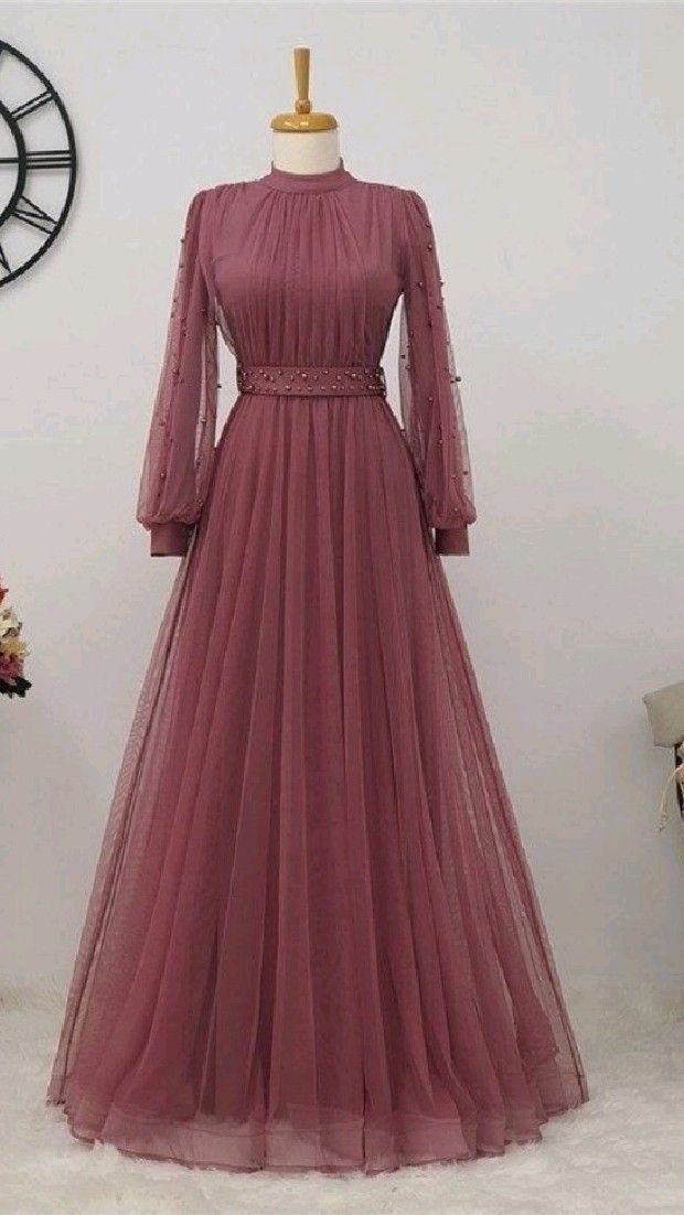 Long Sleeve Prom Dresses, A Line Prom Dresses, Tulle Evening Dresses, Sexy Prom Dresses, Evening Gowns With Pearls     fg5989