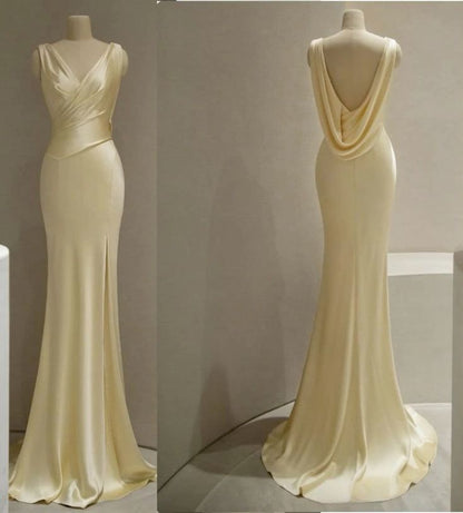 Pastel Yellow Satin Backless Mermaid Long Prom Dress       fg6689