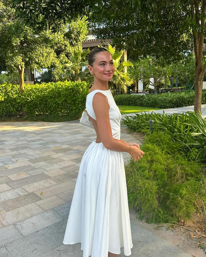 Women's White Backless Long Dress Elegant Sleeveless O-Neck Fashion Party Holiday Dress   fg7434