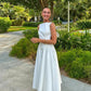 Women's White Backless Long Dress Elegant Sleeveless O-Neck Fashion Party Holiday Dress   fg7434