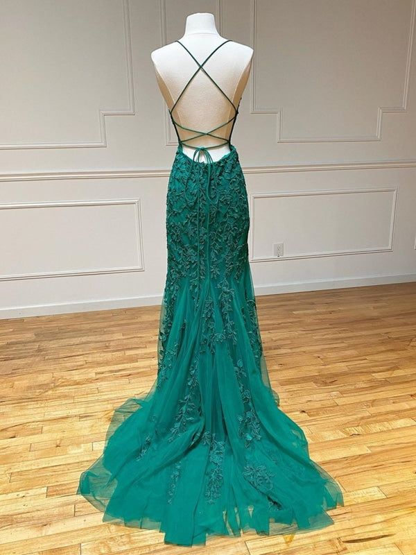 Mermaid Backless Green Lace Long Prom, Mermaid Green Formal, Green Lace Evening Dress      fg5833