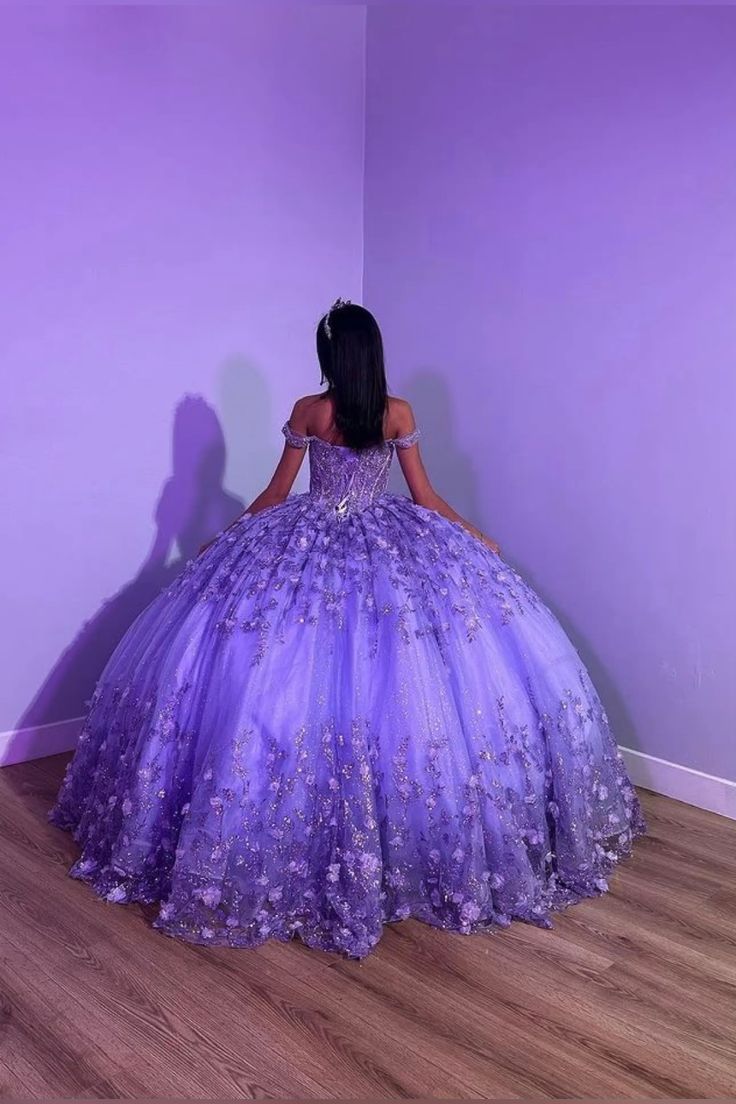 Purple Shiny Puffy Princess Quinceanera Dresses Off Shoulder Beads 3D Floral Gillter Sequins Lace-up Corset Vestidos 15 anos rosa     fg5533