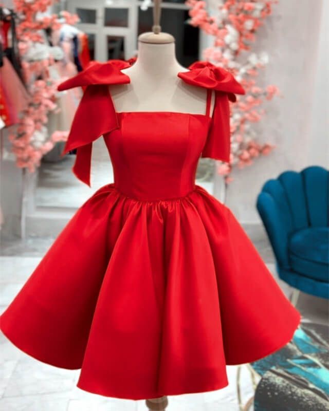 Short Satin Bow Straps Mini Dress Short Prom Party Dress     fg5748