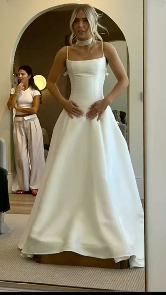 A Line White Satin Elegant Wedding Dress Long Bridal Gown   fg7603