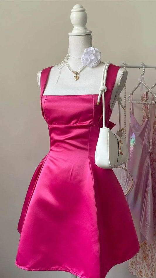 Square Neck Sleeveless Satin A-Line Mini Homecoming Dress With Bow    fg5891