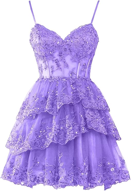 Purple Homecoming Dresses for Teens Tulle Lace Applique Tiered A-line Formal Short Mini Prom Dress      fg6212