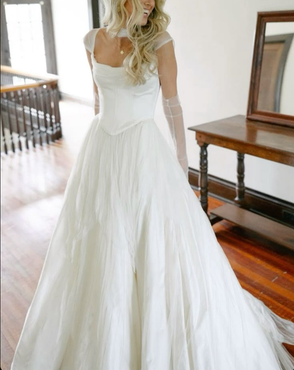 White Long Tulle Wedding Dress Bridal Gown With Gloves   fg7487