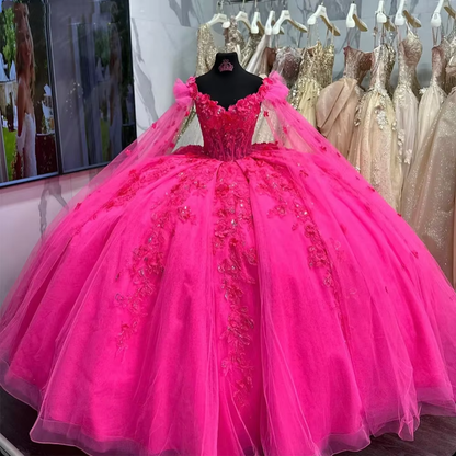 3D Flower Appliques Quinceanera Dresses Luxury Beads Cape Sleeve Prom Ball Gowns Puffy Princess Dress     fg7503