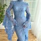 High Neck Mermaid Evening Dress for Women Flare Sleeves Blue Lace Long Prom Dresses   fg7571