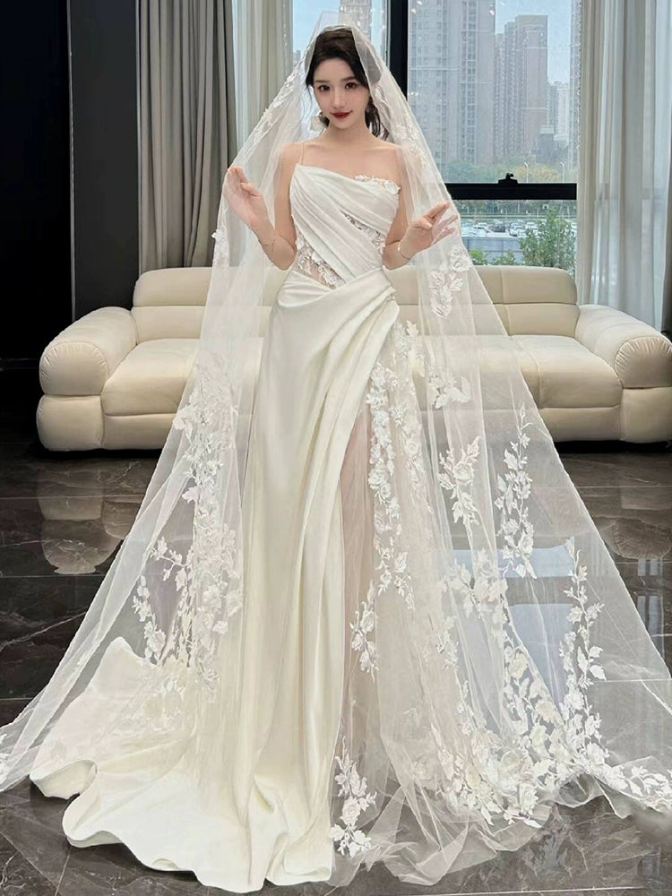 White Tulle Lace Long Wedding Dress Princess Bridal Gown       fg7388