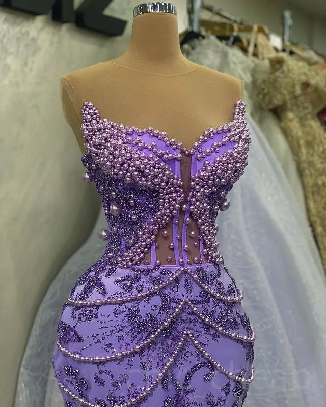 Purple Mermaid Evening Dress Beaded Formal Prom Gown     fg7065