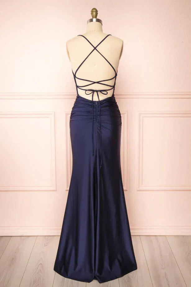 Simple Sheath Prom Dress with Split,Dark Navy Graduation Dress       fg4187