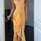 Retro Romantic Ruffle Ruched Slit High Low Maxi Dress Evening Dress     fg6838