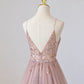 Pink V-Neck Tulle Long Prom Dress with Beaded, Pink Spaghetti Strap Evening Dress      fg5180