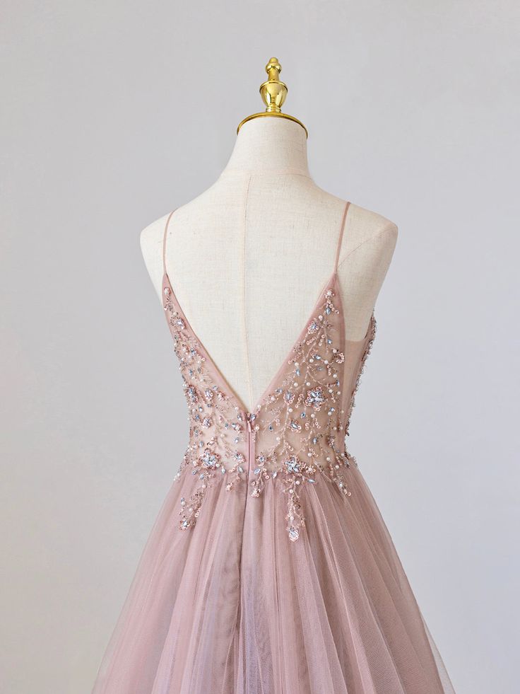 Pink V-Neck Tulle Long Prom Dress with Beaded, Pink Spaghetti Strap Evening Dress      fg5180