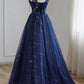 A Line Navy blue Tulle Beaded V Neckline Party Dress, Navy Blue Shiny Tulle Prom Dress       fg5369