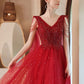 V Neck Tulle Lace Beads Long Prom Dress, Evening Dress      fg5210