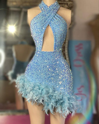 Blue Prom Dresses, Glitter Fashion Party Dresses, Feather Mini Birthday Party Dresses,Homecoming Dresses      fg5293