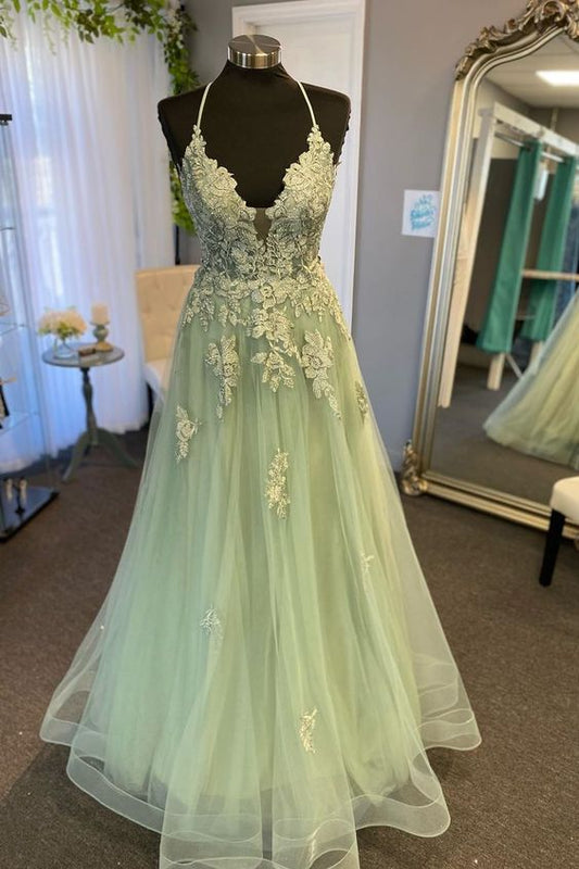 Straps Sage Green Appliques A-line Long Formal Dress   fg4484