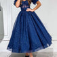 Dark blue tulle tea length prom dress, blue formal dress      fg5194