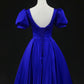 Satin Tea Length Wedding Party Dress, Blue Prom Homecoming Dress      fg5230