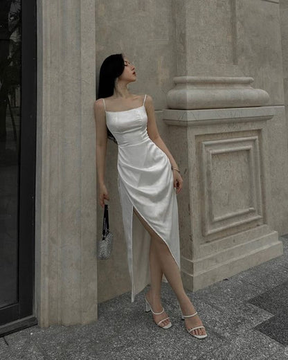 White Spaghetti Strap Slit Women Dresses 2024 New Elegant Party Evening Dresses     fg4583