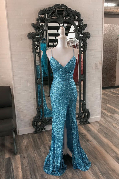 Straps Blue Sequin Mermaid Long Formal Dress       fg5337