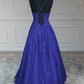 Royal Blue Prom Dresses, A-line V Neck Spaghetti Straps Long/Floor-Length Tulle Prom Dress With Appliqued Beading Glitter       fg5413