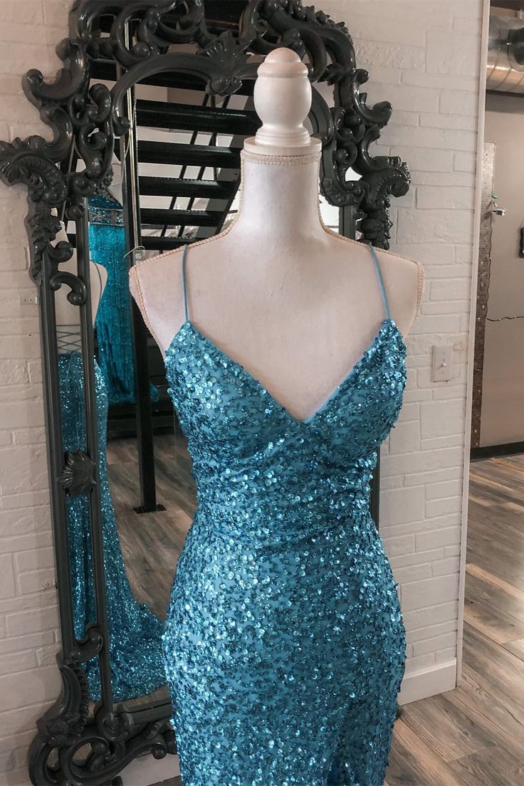 Straps Blue Sequin Mermaid Long Formal Dress       fg5337