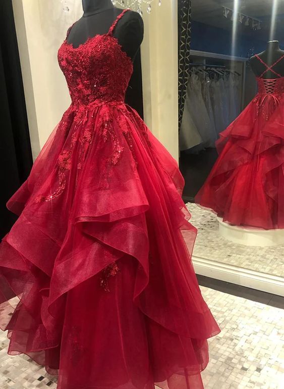 Dark Red Cross Back Tulle Long Formal Dress, Dark Red Evening Dress Prom Dress     fg4506