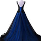 Black and Blue V-neckline Lace Applique Long Formal Dress, Black and Blue Prom Dress      fg5072