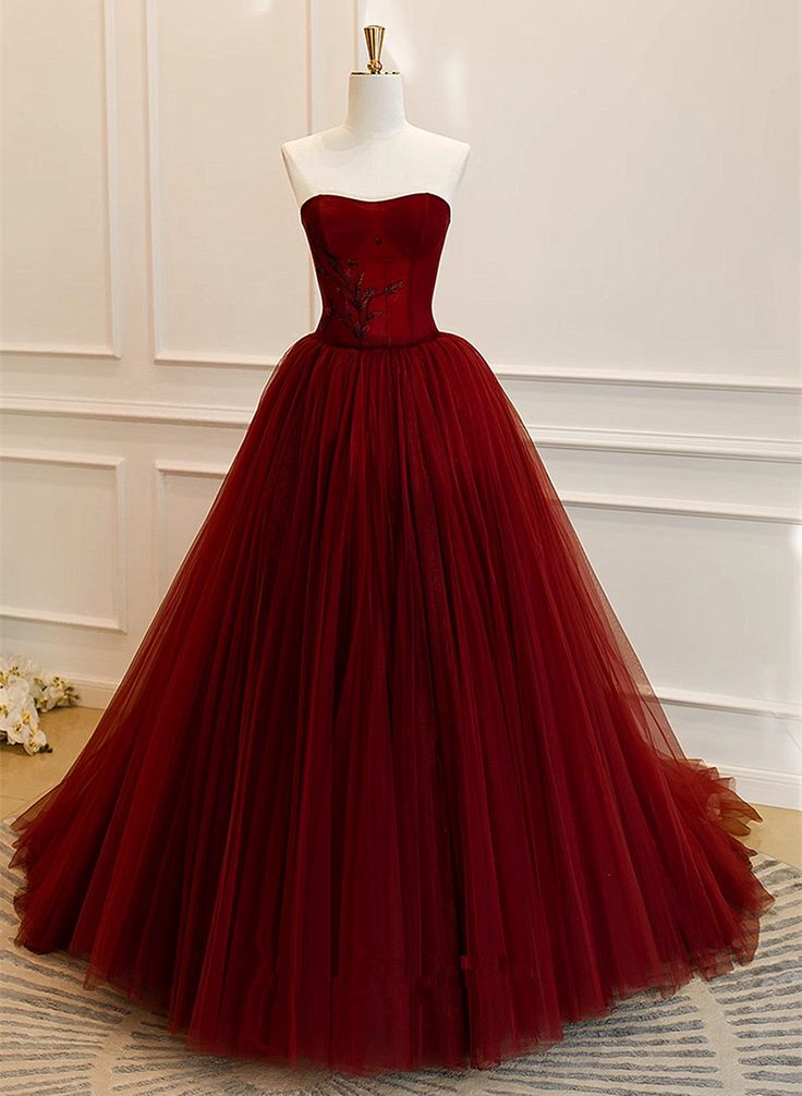 Wine Red Tulle Scoop Long Formal Dress, Wine Red Tulle Prom Dress Party Dress      fg5044