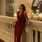 Deep V Neck Red Sheath Long Prom Dress With Slit Halter Evening Party Dress       fg5254