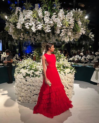 Red A-Line Sleeveless Tiered O Neck Evening Night Gown Long Evening Dresses Formal Club Prom Gowns       fg4758