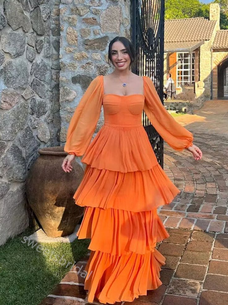 Orange Long Sleeves Ruffle A-line Long Floor Length Prom Dress       fg5049