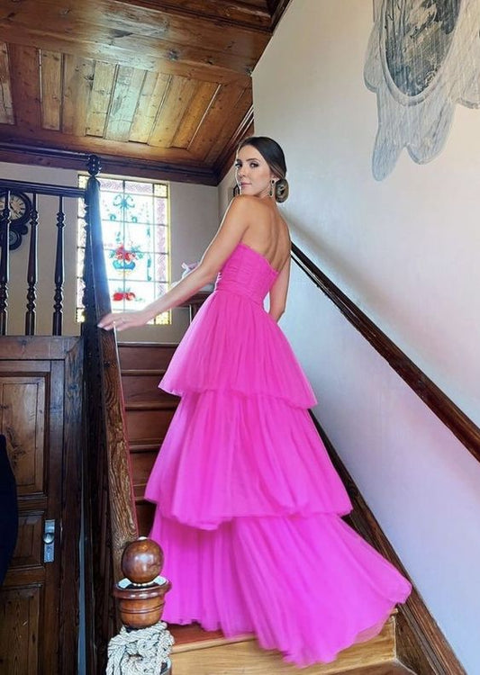 Strapless Tulle Fuchsia Prom Gown with Layers Skirt     fg4557