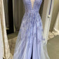 A-line Floral Lace V Neck Prom Dress With Slit    fg4824