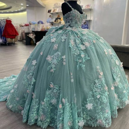 Green Princess Ball Gown Quinceanera Dresses With Bow Appliques Sweet ...
