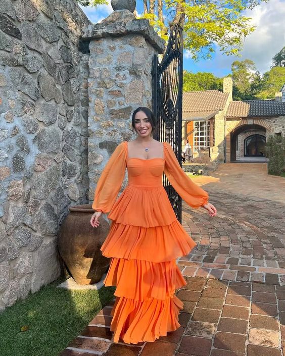 Orange Long Sleeves Ruffle A-line Long Floor Length Prom Dress       fg5049