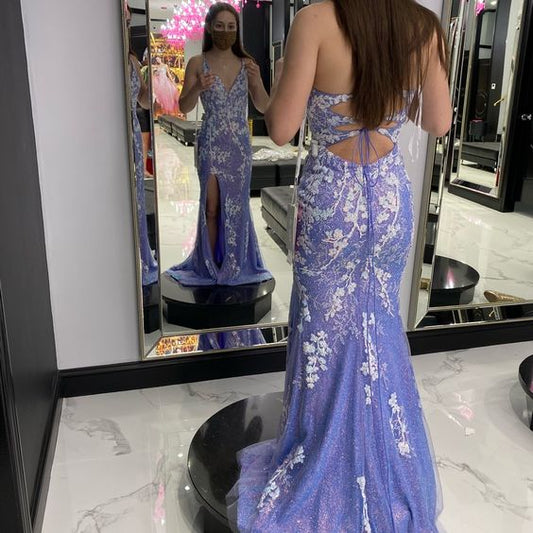 Sexy V neck Purple Mermaid Long Formal Prom Dress      fg5197