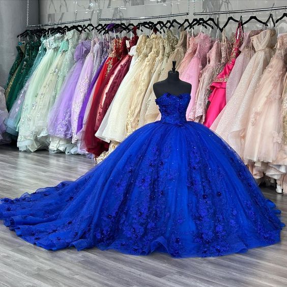 Blue Princess Quinceanera Dresses Sweetheart 3D Floral Applique vestidos de 15 años Sweep Train Prom Lace Up sweet 16 dress    fg5375