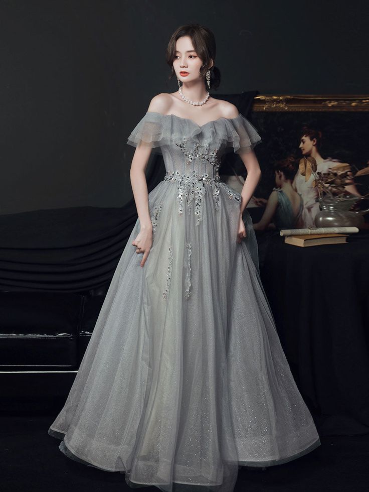 gray tulle off shoulder long prom dress, gray tulle formal dress fg445 ...