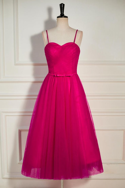 Fuchsia Straps A-line Tulle Tea-Length Prom Dress     fg4644