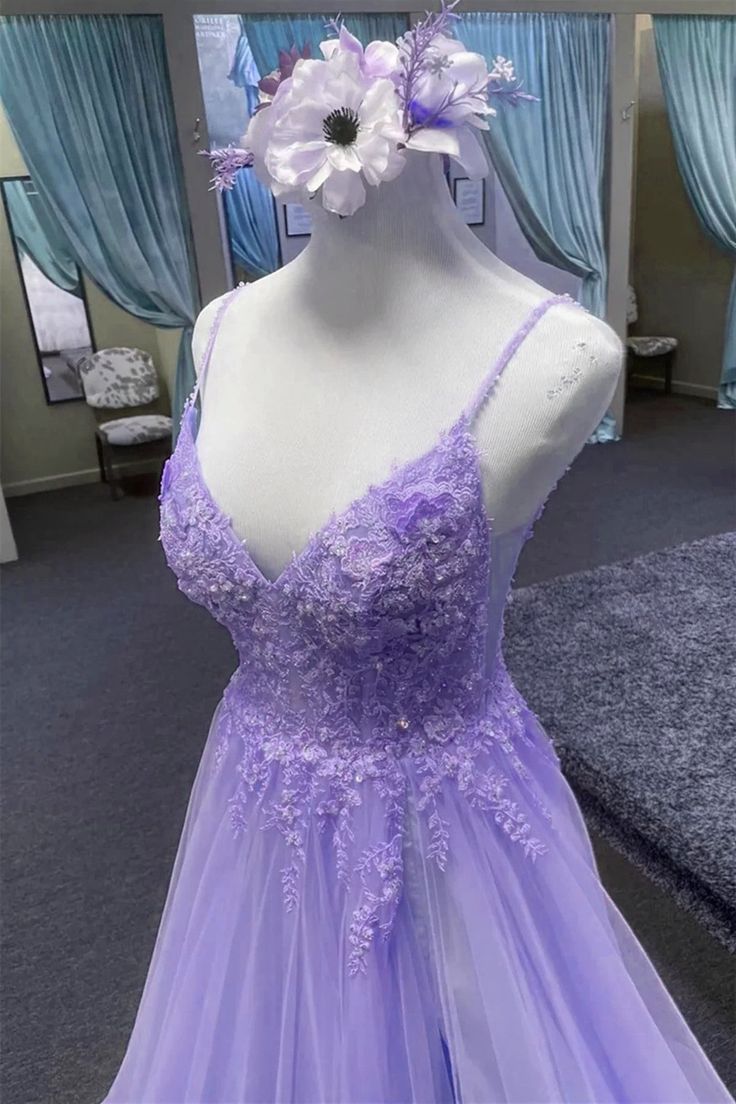 Light Purple A-line Tulle with Lace Prom Dress, Light Purple Long Evening Dress      fg5415