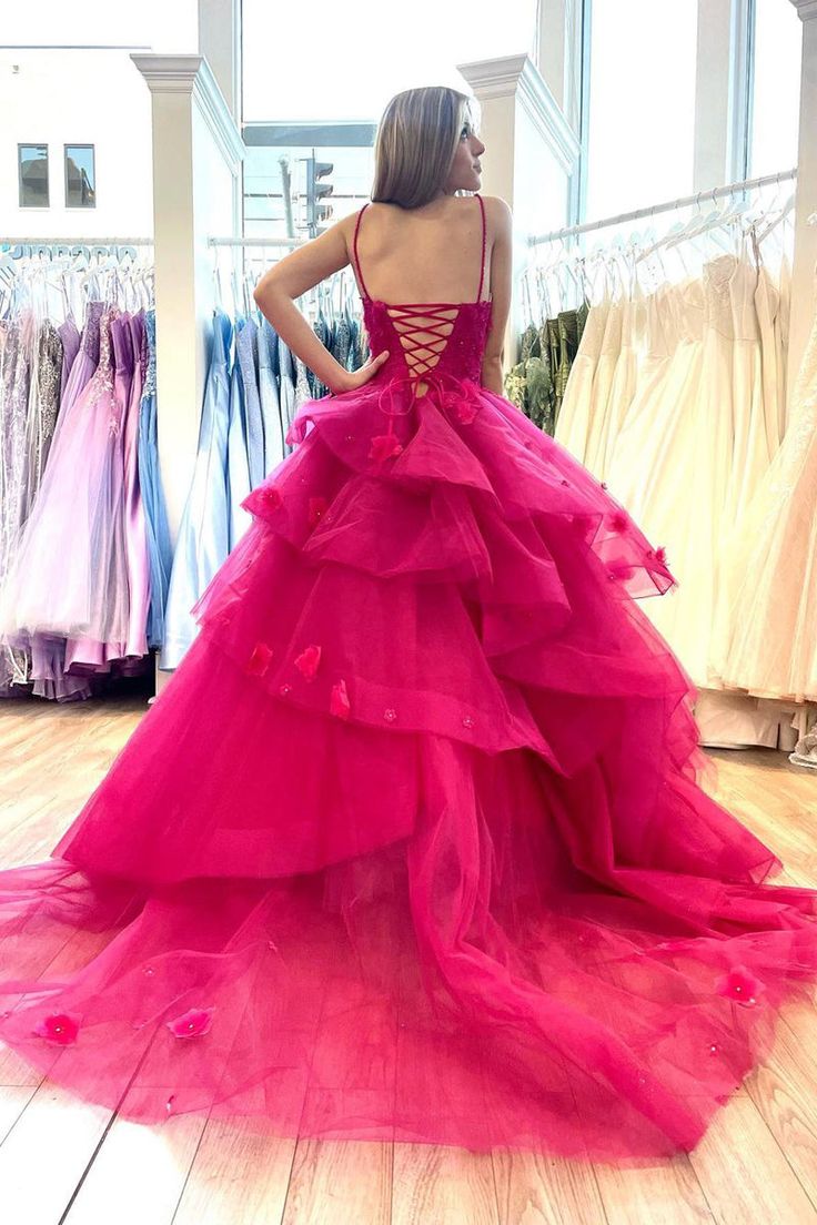 Hot Pink Sweetheart Tiered Tulle Long Prom Dresses with Appliques     fg5309